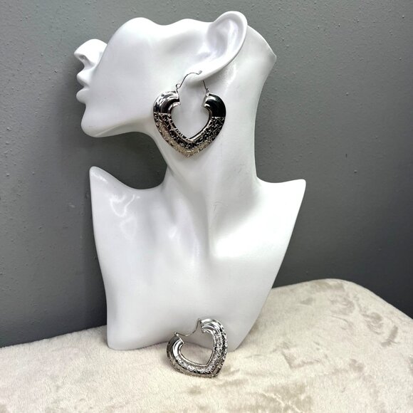 Large Puffy Heart Earrings Silver Tone Embossed Hoops Puffed Romantic - Picture 2 of 5